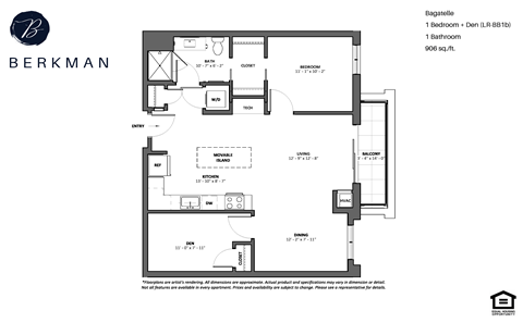 Floor plan for 1 bed, 1 bath, 977 sqft